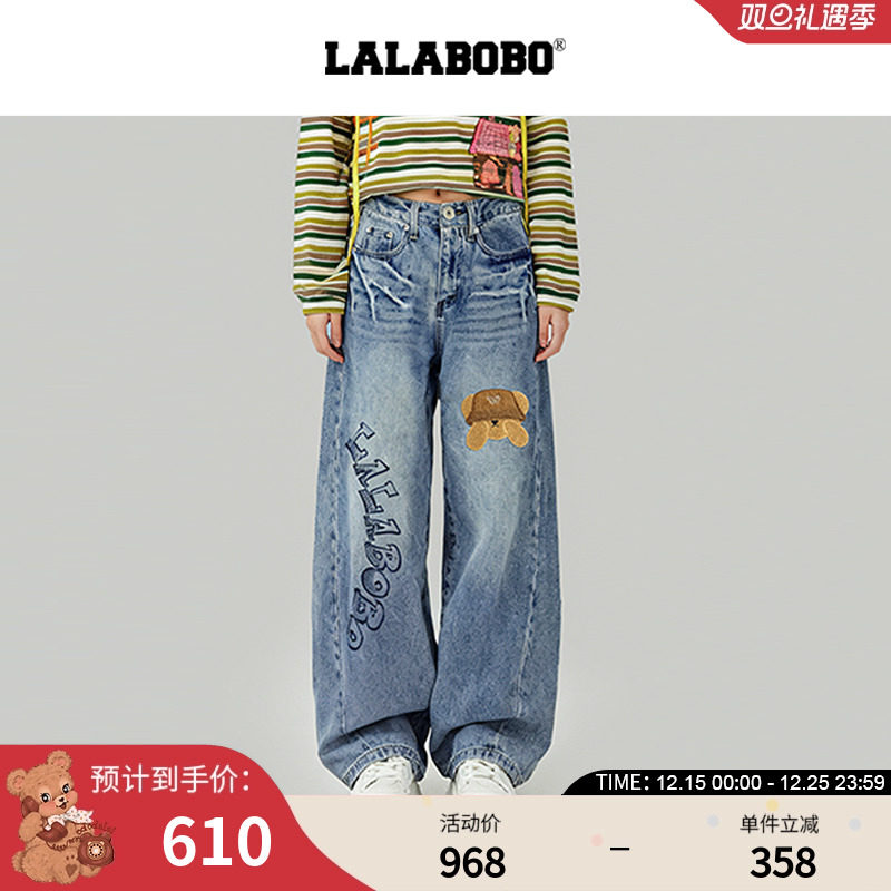 【商场同款】LALABOBO25年冬新款弯刀裤女小熊贴布印花宽松牛仔裤