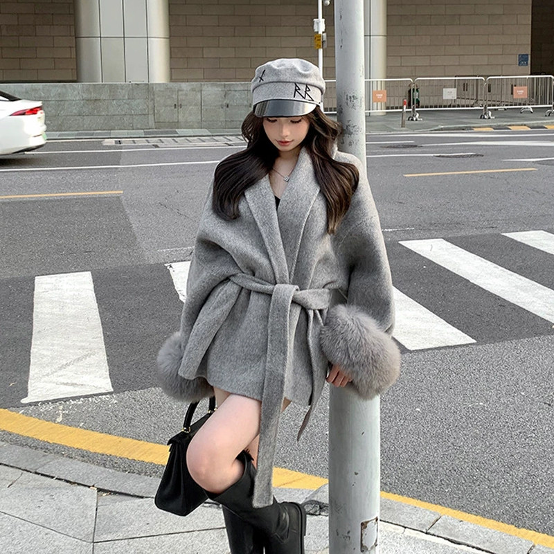 【工厂现货】灰色绑带收腰毛呢外套女秋冬长袖宽松大衣中长款上衣