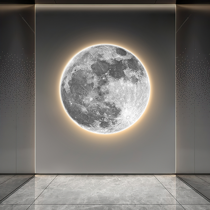 月球卧室床头装饰画圆形氛围感LED灯画高级感沙发背景墙壁画玄关图片