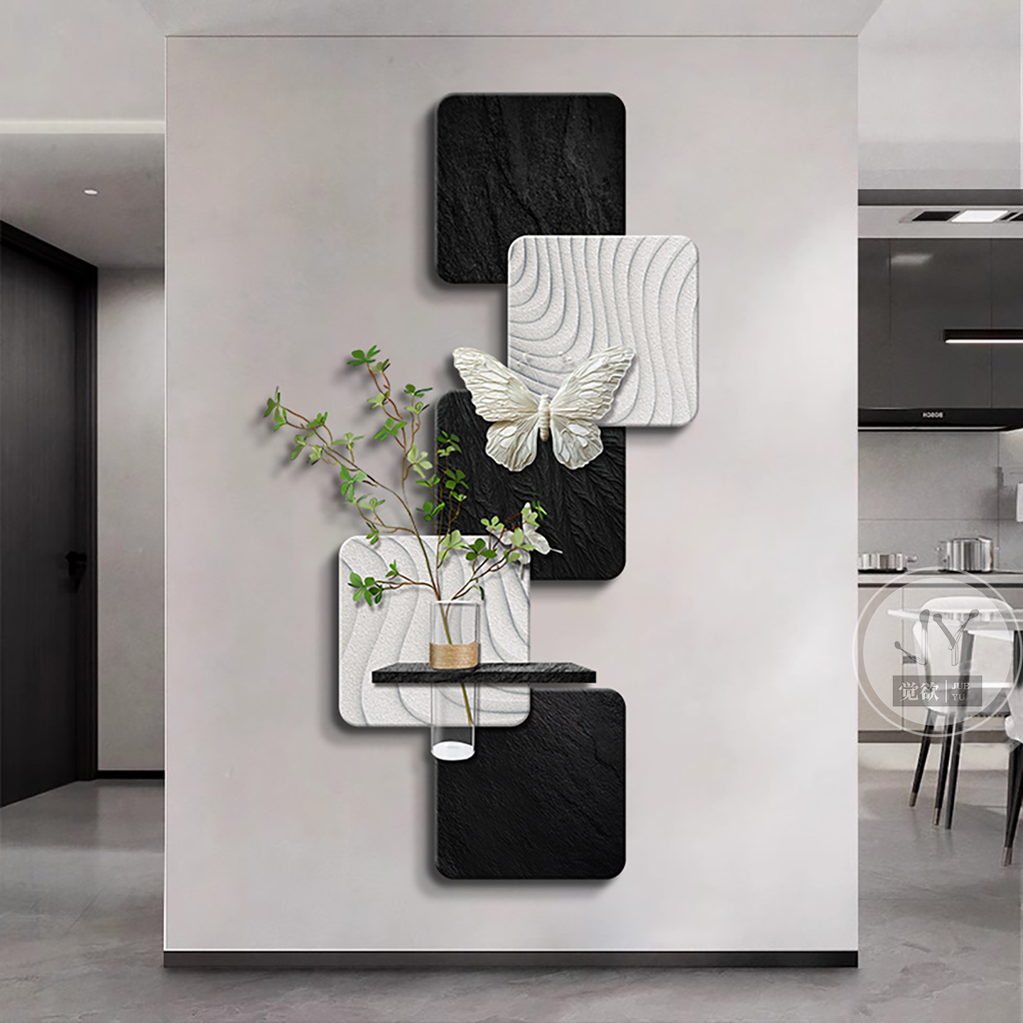 意式极简黑白灰玄关装饰画水培绿植走廊过道挂画高级感砂岩壁画