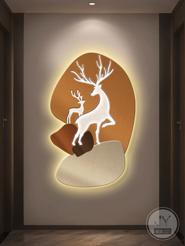 入户玄关装饰画石来运转轻奢led灯画寓意好麋鹿挂画高级感大气