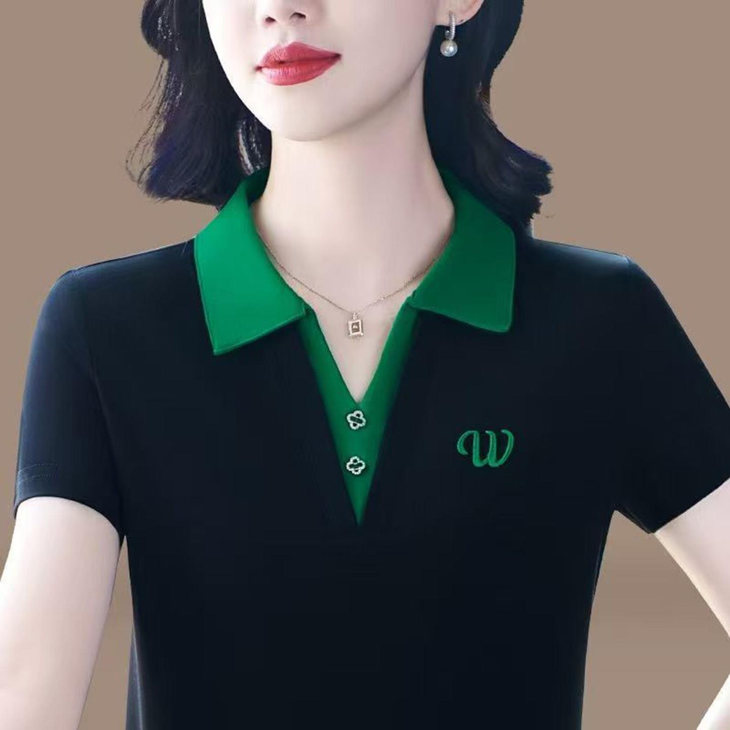 铂瑾臻品女装2026夏季新款拼色翻领短袖polo衫女宽松显瘦休闲Ta5
