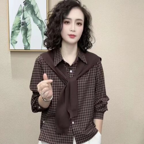 振炳瑞池女装2026春秋季女士宽松格子披肩衬衫减龄显瘦长袖上衣a2