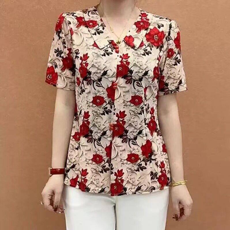 ~名佳怡女装时尚娃娃领碎花短袖夏季女款遮肚显瘦T恤中老年上衣a9