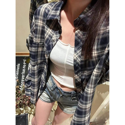 2025新款港风复古设计感格子衬衫女白衬衫衬衣开衫防晒衫外套