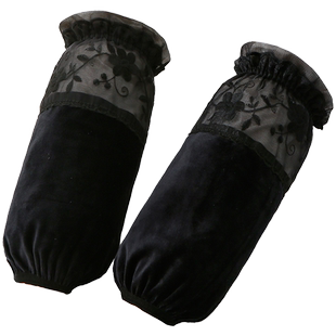 秋冬韩版蕾丝拼绒布长款防污护袖套女成人学生工作羽绒服手臂套袖