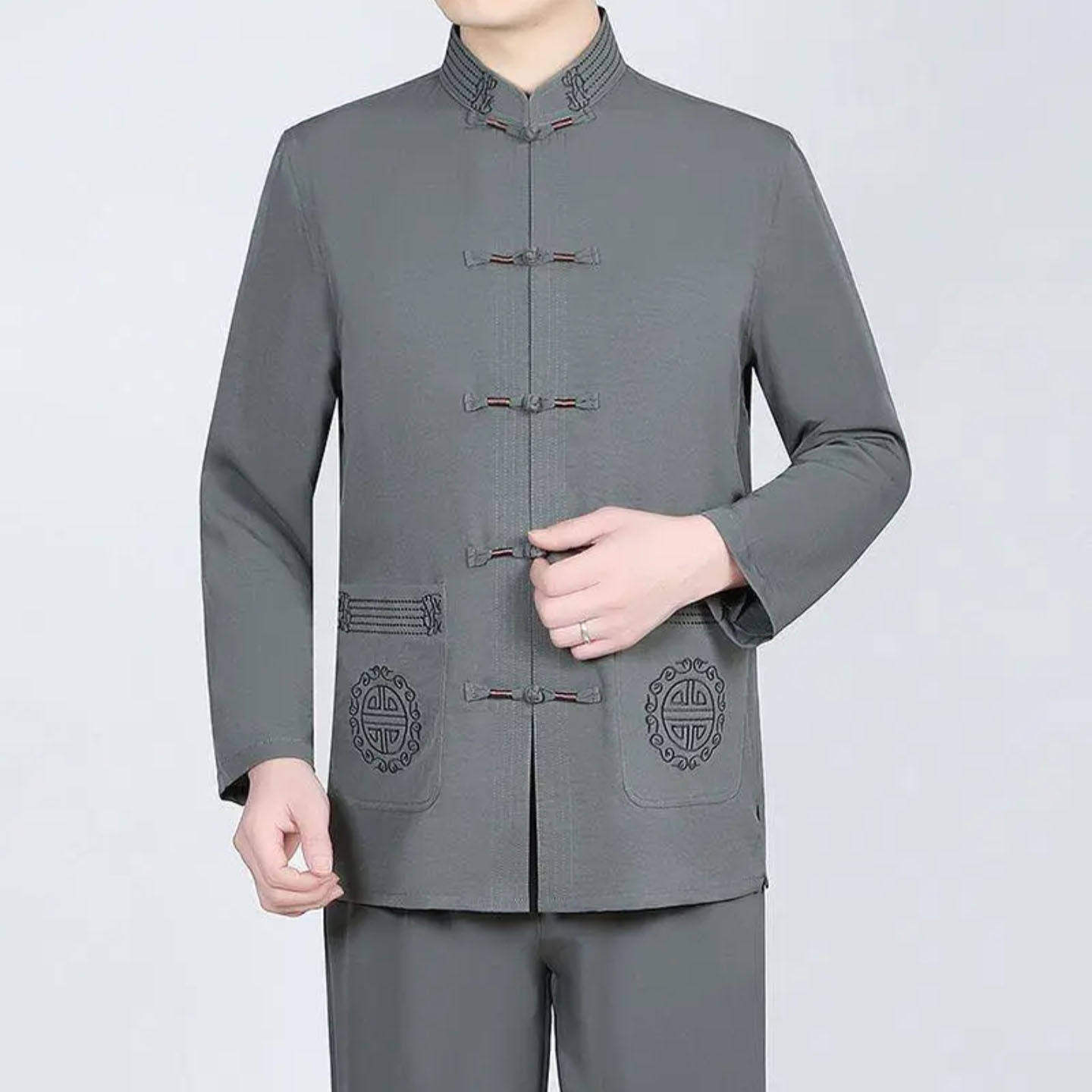 宏嫩中老年冰丝唐装男装男士长袖爸爸衣服爷爷太极服休闲上衣套a9