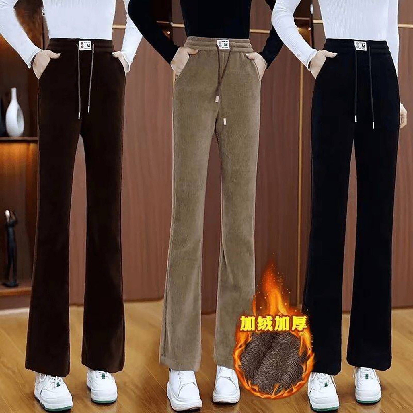 星之刚女裤灯芯绒微喇叭裤女士加绒加厚直筒裤子高腰显瘦休闲a69