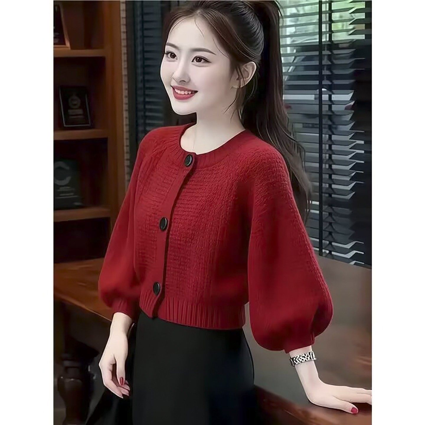 哲算女装韩系红色圆领灯笼袖毛衣秋冬女士款针织开衫气质短款上衣,女装/女士精品,毛衣,淘宝优惠券,粉丝福利购,淘宝优惠卷