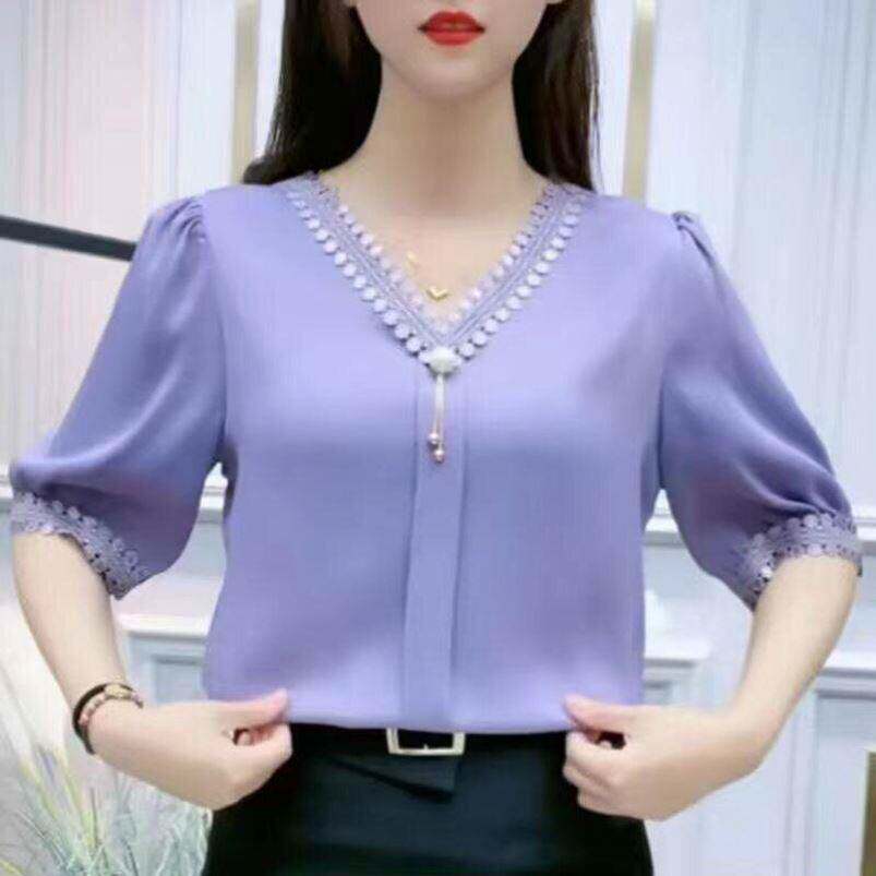 @叙溪约女装蕾丝拼接雪纺衫夏季女高档短袖衬衫2026新款小衫上a4