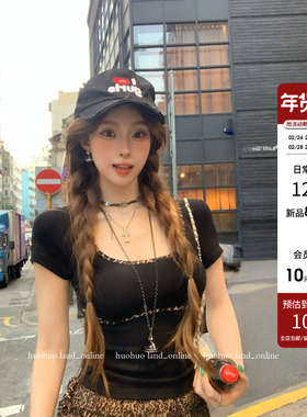 HuoHuo 2/24 20点上新88折【加州小野豹】美式辣妹U领豹纹拼接T恤