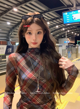 HuoHuo 拼色格町 定制色调 2026春季新款上衣女撞色拼格长袖T恤