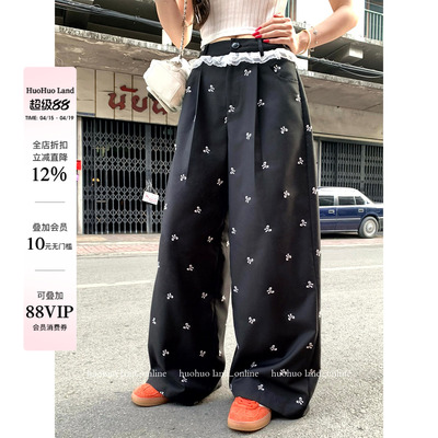 HuoHuo 甜系漫步 遮胯藏肉2026春夏新款女蕾丝拼接蝴蝶结休闲裤