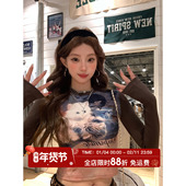 印花圆领长袖 HuoHuo T恤 新款 上衣女正肩修身 喵喵心事 2025冬季