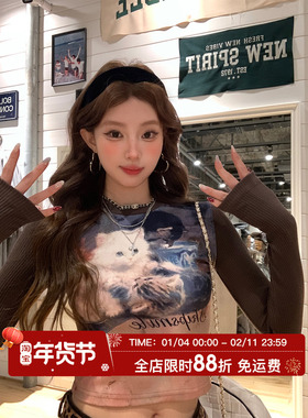 HuoHuo 喵喵心事 2025冬季新款上衣女正肩修身印花圆领长袖T恤