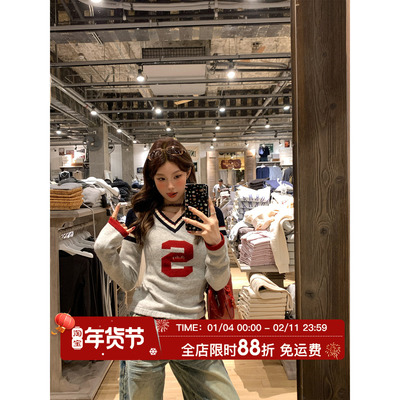 V领美式撞色字母毛衣女