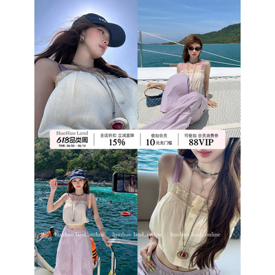 HuoHuo 柔光芭蕾 凉爽夏日2026夏季新款上衣女蕾丝拼接抹胸吊带