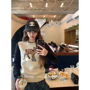 上衣女拼色立体提花圆领小鹿针织衫 HuoHuo 新款 2025冬季 千禧小鹿