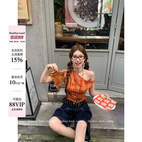 HuoHuo 甜橘画报 活力四射2026夏季新款女斜肩抽褶设计感格纹衬衫