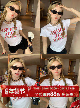 HuoHuo 街头态度 美式印花正肩短袖T恤女夏季休闲简约短款上衣