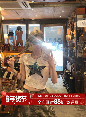 HuoHuo jennie同款 辣妹印花短袖T恤女夏季甜酷正肩修身短款上衣