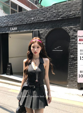 HuoHuo 百褶优等生 法式学院风经典衬衫领系扣黑色条纹百褶连衣裙