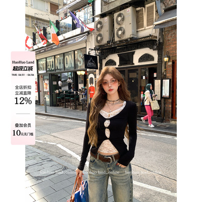 HuoHuo 蕾丝天菜 浪漫点睛2026春夏新款女撞色上衣假两件蕾丝T恤