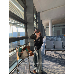 多口袋直筒牛仔裤 工装 女秋新款 美式 HuoHuo 休闲阔腿裤 海盐气泡水