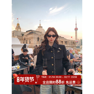 HuoHuo 黑闪小香 重工小香风 冬季新款女精致高级银丝编织厚外套