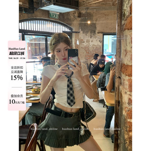 HuoHuo 辣妹学院 2026春夏新款美式甜辣领结短袖T恤女V领短上衣