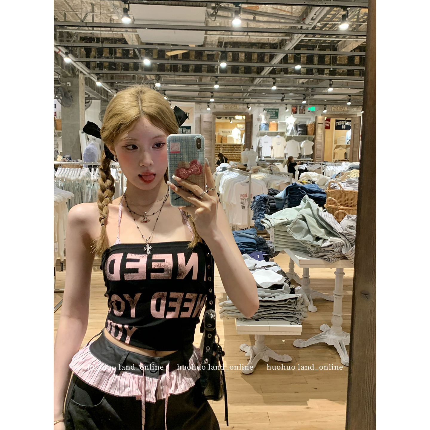 HuoHuo 甜酷墨莉 美式辣妹字母挂脖背心女夏季修身吊带抹胸上衣