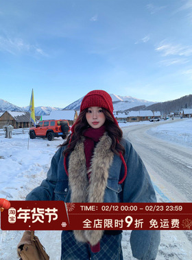 HuoHuo 丹宁派克 真毛领 冬季女貉子毛领90白鸭绒厚羽绒牛仔外套