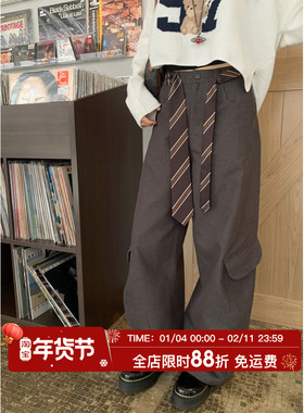 HuoHuo 秋日惬意 美式复古工装裤女秋季新款2025口袋阔腿休闲裤