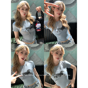 童趣汪星人 修身 美式 T恤女夏季 短上衣 辣妹腊肠狗印花短袖 HuoHuo