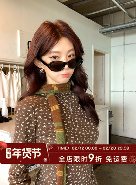 HuoHuo 咖调花影 碎花高领打底衫女秋冬季新款2025修身长袖T恤