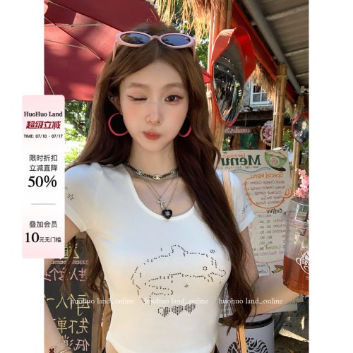 HuoHuo 海豚湾 亲肤体感2026夏季新款上衣女海豚印花修身短袖T恤