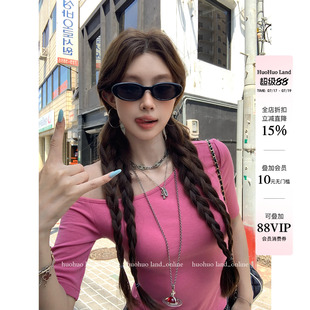 HuoHuo 露肩美神 齐色自留2026夏季新款上衣女修身斜肩五分袖T恤