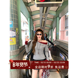 HuoHuo 肩颈诗行 色彩构图2026春夏新款女软糯斜肩拼色假两件T恤