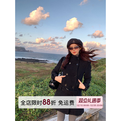 HuoHuo 秀场大衣 韩系正肩毛呢外套女秋冬季新款立领双排扣大衣