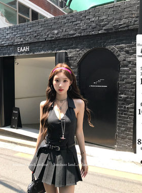 HuoHuo 百褶优等生 法式学院风经典衬衫领系扣黑色条纹百褶连衣裙