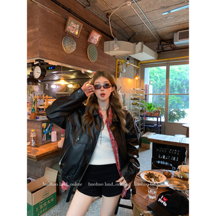 新款 辣妹复古pu皮翻领夹克女秋季 2025皮衣外套 特律街区 HuoHuo