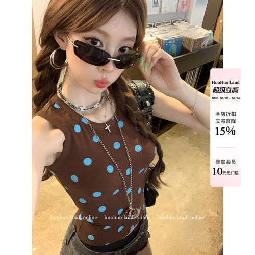 HuoHuo chic波波 ins博主风2026夏季新款上衣女波点印花无袖T恤