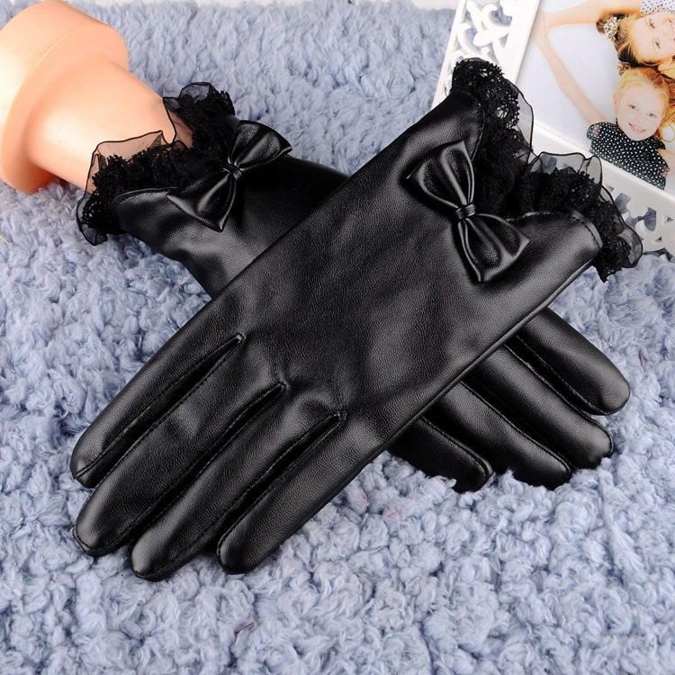 韩版时尚女秋冬季加绒保暖手套触屏蕾丝边皮手套防风骑车触屏手套