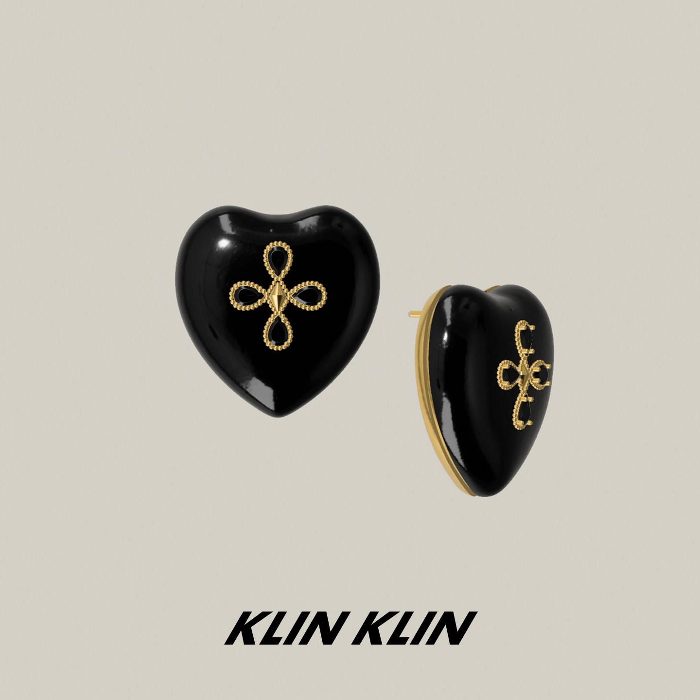 KLINKLIN黑色爱心十字花珐琅彩耳钉女925银针中古风夸张廓形感,饰品/流行首饰/时尚饰品新,耳钉,淘宝优惠券,粉丝福利购,淘宝优惠卷