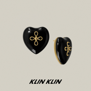 KLINKLIN黑色爱心十字花珐琅彩耳钉女925银针中古风夸张廓形感