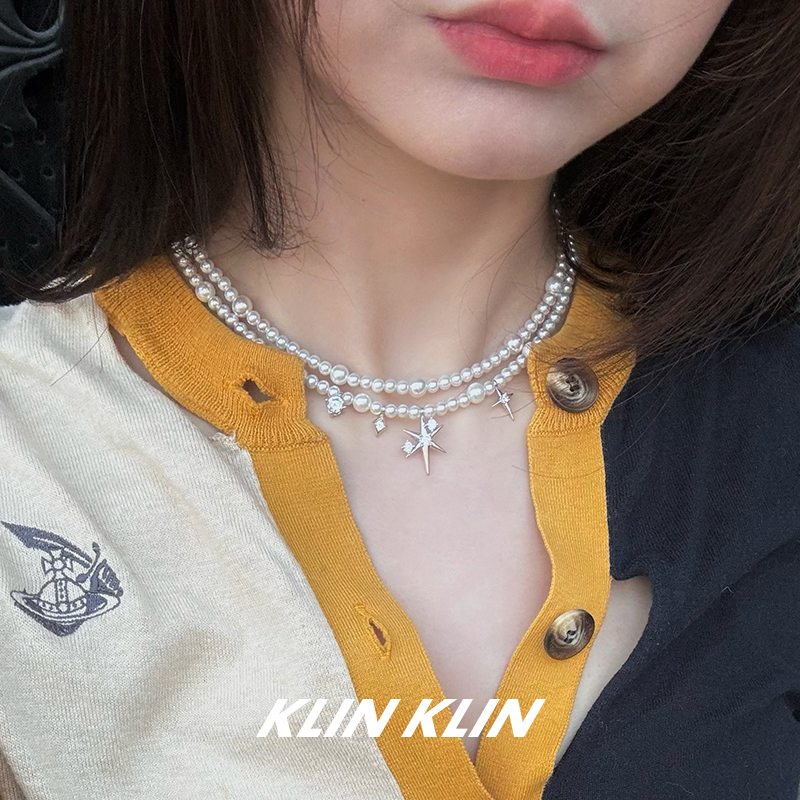 KLINKLIN星芒多层珍珠长款项链双层毛衣链六芒星女原创设计感叠戴