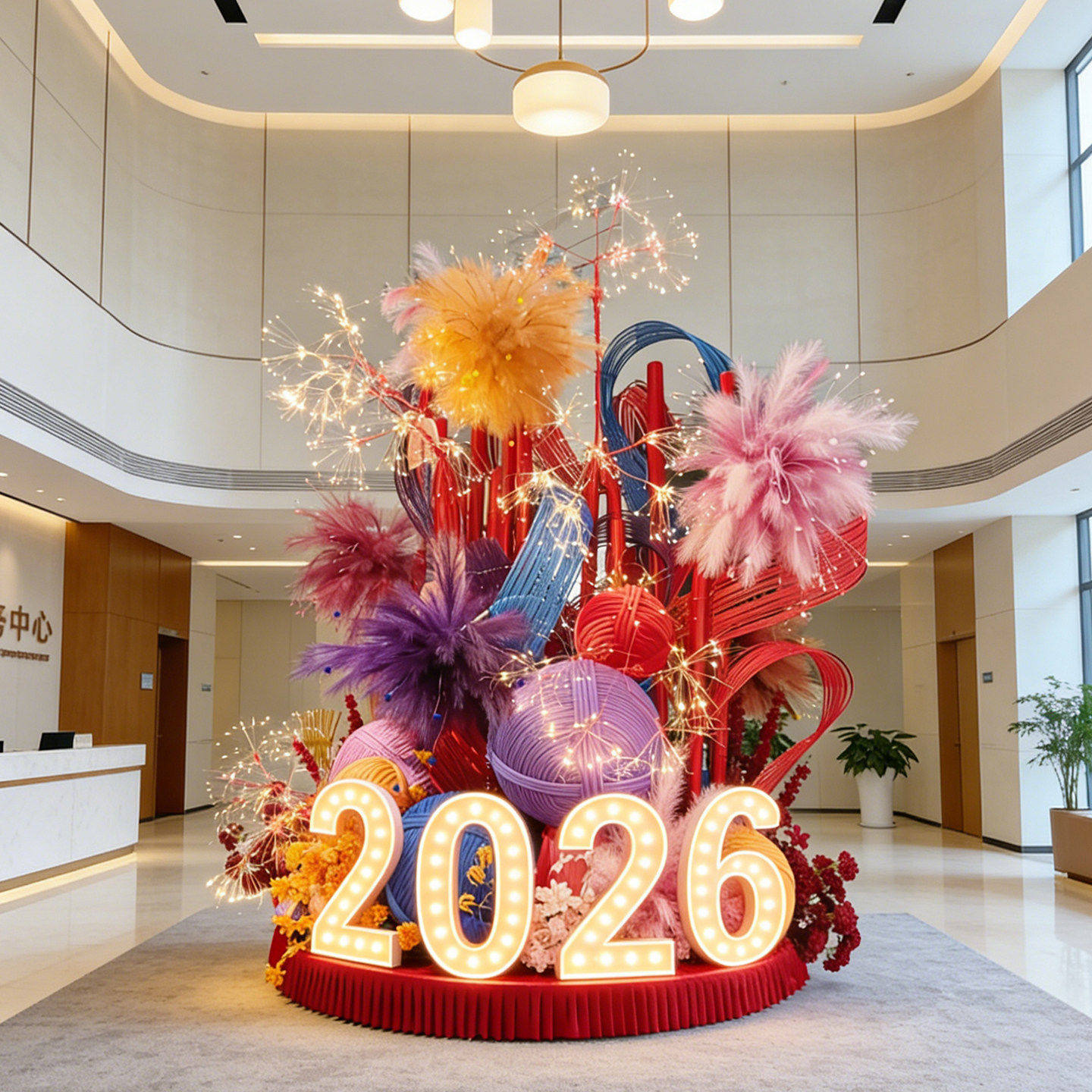 2027新年氛围布置羊年发光烟花装饰橱窗场景门店铺新年美陈打卡