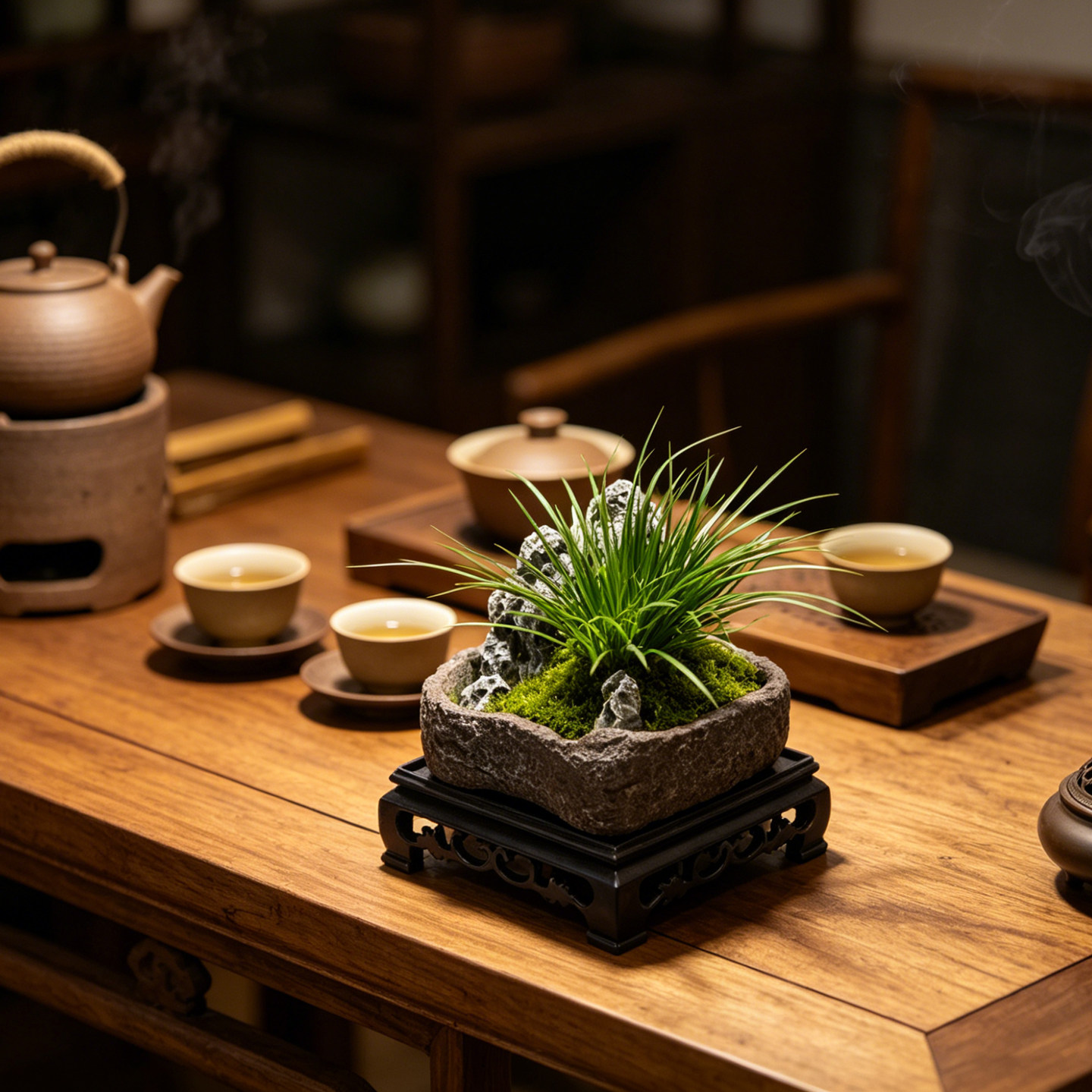方寸菖蒲带景手工盆中式禅意茶台桌面绿植景观盆栽喜阴喜水易养
