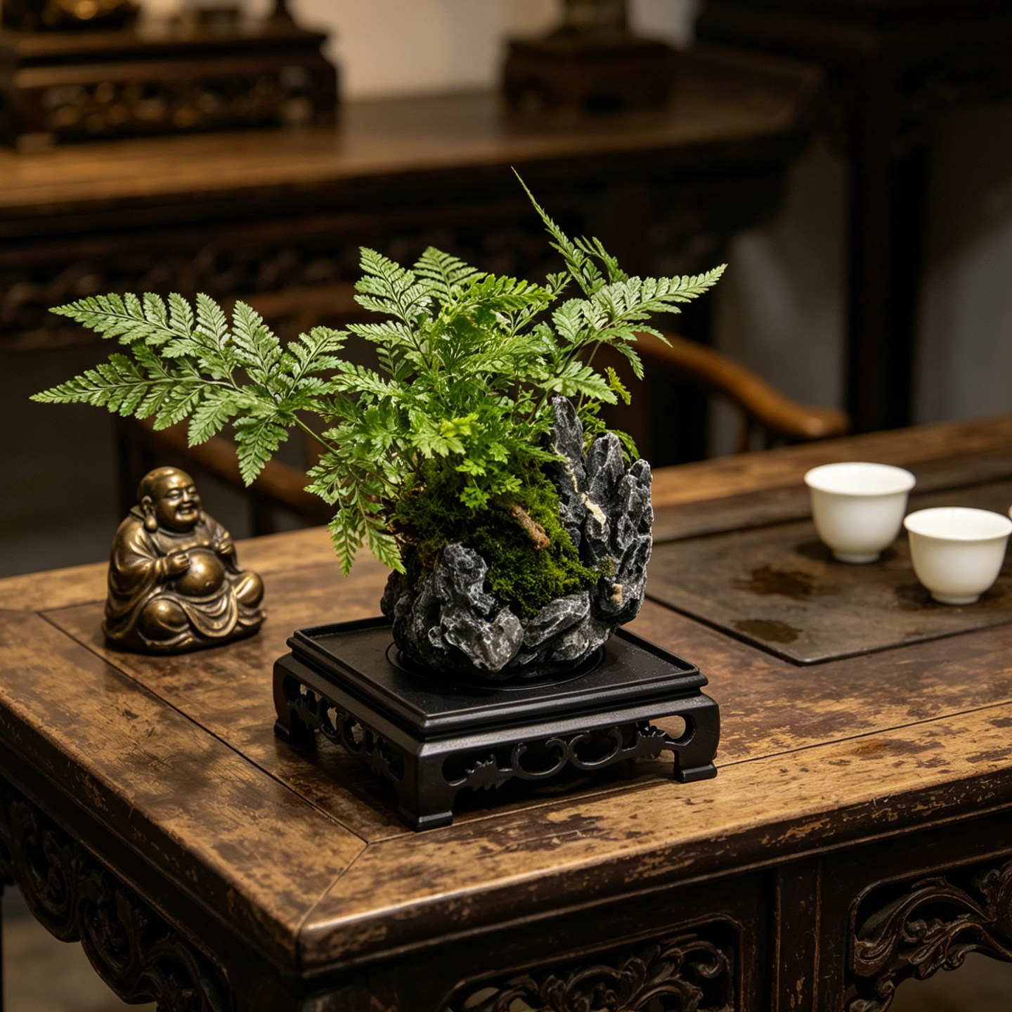 狼尾蕨盆景带景中式禅意茶台室内桌面绿植景观盆栽喜阴喜水易养