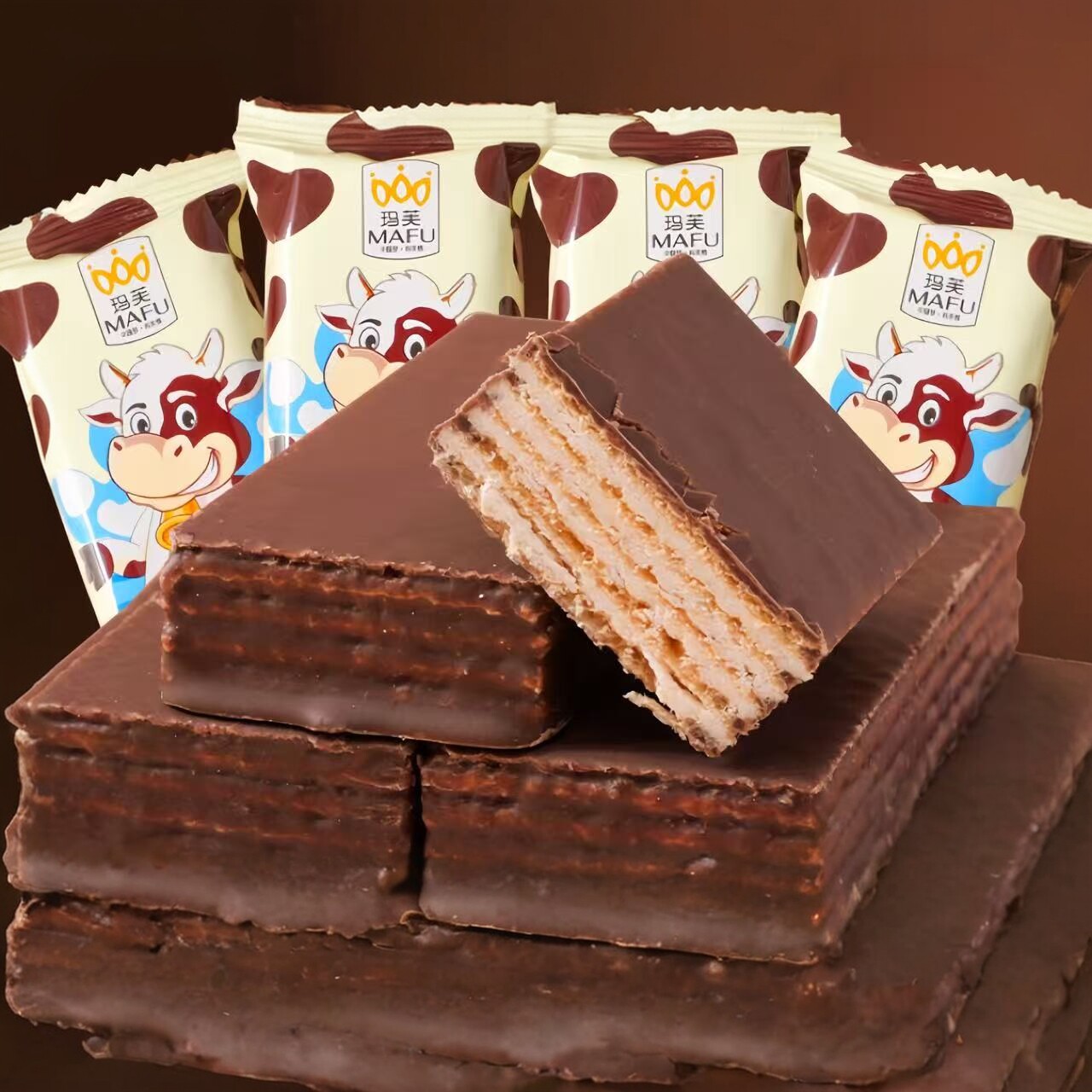 俄罗斯风味大奶牛威化饼干巧克力夹心独立包装营养早餐小零食充饥